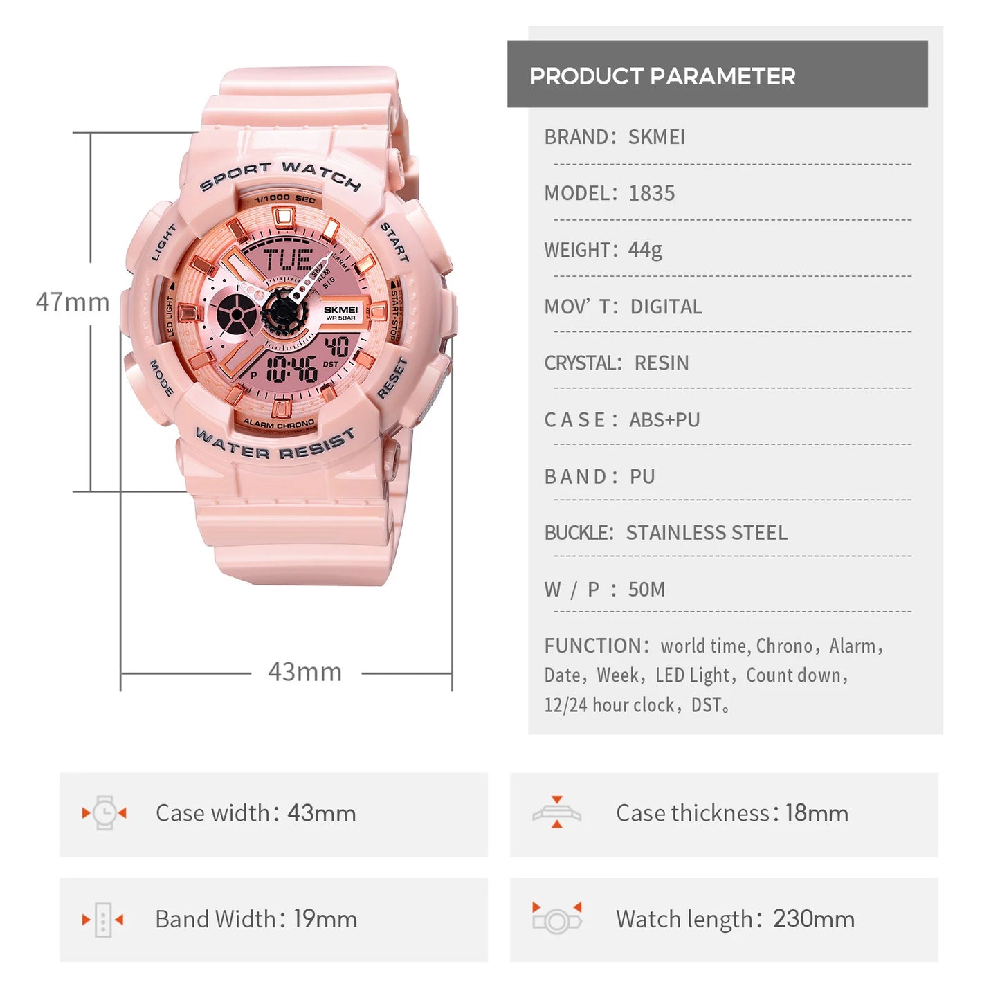 SKMEI 1834 | Orologio Digitale Sportivo | LED World Time | Waterproof 50M